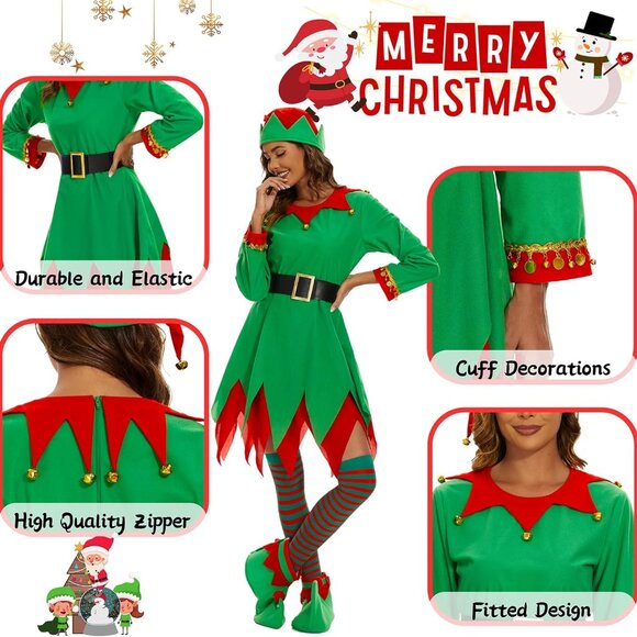 Higen Elf Costume for Women Deluxe Full 5 Pcs Set Christmas Elven Green Suit Adu - Picture 5 of 7